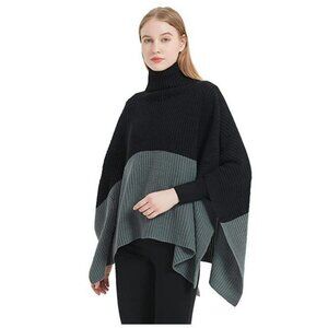 SAVE THE OCEAN colorblock recycled materials women's turtleneck poncho - BLACK